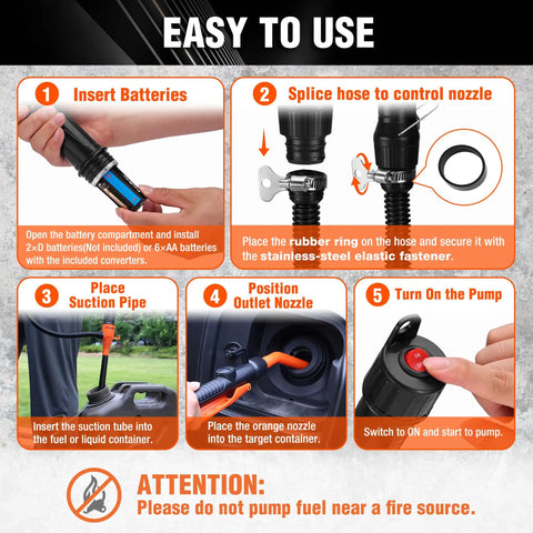 Instructions for Battery Powered Fuel Transfer Pump 2.2 GPM showing battery insertion and nozzle setup.
