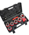 Pro Grade Ratchet Pipe Threader Kit With Six Dies One Quarter Inch Through One And A Quarter Inch Ergonomic Long Handle open case view