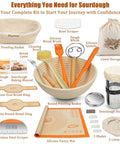 All In One Sourdough Starter Kit With Banneton Baskets And Glass Jar For Home Bakers; tools and accessories for baking.
