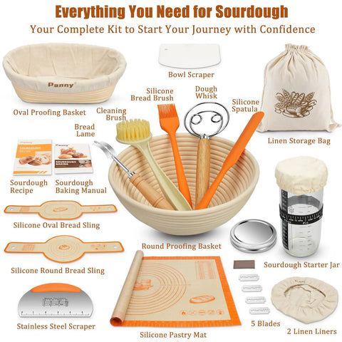 All In One Sourdough Starter Kit With Banneton Baskets And Glass Jar For Home Bakers; tools and accessories for baking.