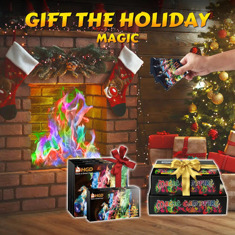 Lit Color Changing Campfire Packets Rainbow Flames for Fire Pit shown by fireplace with colorful flames and holiday decor