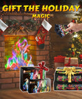 Color Changing Campfire Packets For Fire Pits And Indoor Outdoor Fireplaces Six Pack Rainbow Flames Red Blue Green Safe Easy Toss Camping Accessory Compatible With Wood in front of holiday fireplace with colorful flames and gift boxes.