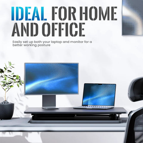 Ergonomic Standing Desk Converter With Quick Height Adjustment, 25.16 Inch Wide By 15.75 Inch Deep, Sit Stand Laptop And Monitor Stand, No Assembly Required, No Fuss Setup For Home Office And Desk Use, Black with laptop and monitor setup.