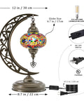 Diagram of Turkish Moon Shaped Mosaic Table Lamp With Stained Glass Shade, Handmade Boho Vintage Desk Light, specifying size and parts.