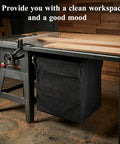 Heavy Duty Table Saw Dust Collector Bag With Twelve Snap Locks attached to a tablesaw for capturing wood debris and sawdust.