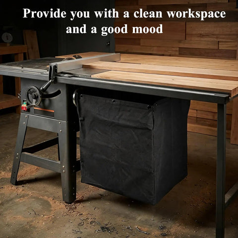Heavy Duty Table Saw Dust Collector Bag With Twelve Snap Locks attached to a tablesaw for capturing wood debris and sawdust.