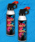 2 Pack Gender Reveal Fire Extinguisher Party Props with vibrant colors labeled Boy or Girl on a blue background.