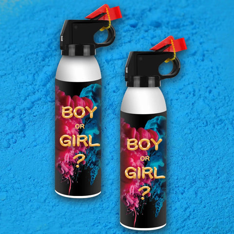 2 Pack Gender Reveal Fire Extinguisher Party Props with vibrant colors labeled Boy or Girl on a blue background.