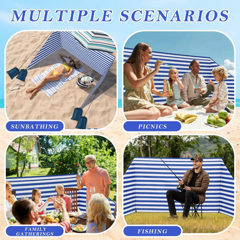 15 By 5 Ft Beach Windscreen Set With Blue White Stripes, Wind Blocker And Privacy Screen in various outdoor activities