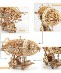 Detailed view of 3D Wooden Airship Puzzle Kit for Adults and Teens, highlighting envelope, bow, and stern sections in light wood.