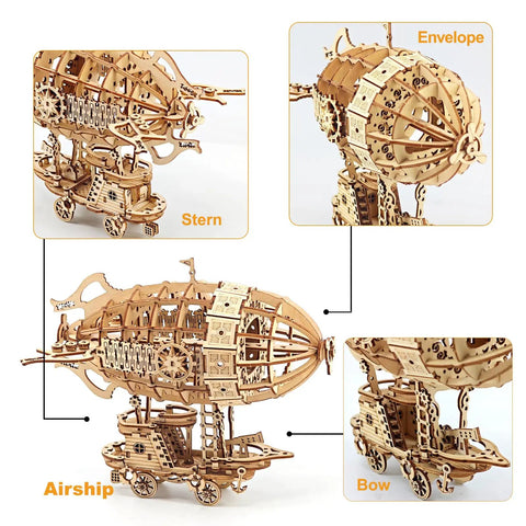 Detailed view of 3D Wooden Airship Puzzle Kit for Adults and Teens, highlighting envelope, bow, and stern sections in light wood.