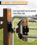 Heavy Duty Two Way Farm Gate Latch Lockable Livestock Latch Anti Rust Steel Ranch Fence Hardware Built Tough As Nails To Keep Your Cattle Locked Down Securely 1 Pack shown in use, demonstrating two-way operation on a wooden gate.