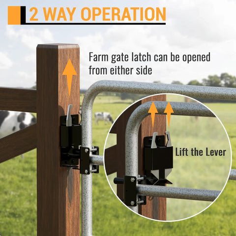Heavy Duty Two Way Farm Gate Latch Lockable Livestock Latch Anti Rust Steel Ranch Fence Hardware Built Tough As Nails To Keep Your Cattle Locked Down Securely 1 Pack shown in use, demonstrating two-way operation on a wooden gate.