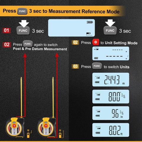 2 In 1 Laser Tape Measure With Auto Lock Magnetic Hook, 135 Ft Laser Range And 16 Ft Manual Tape, settings guide screen