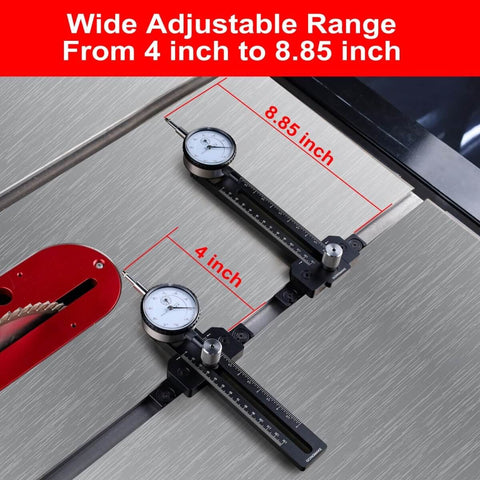 0.01mm Precision Table Saw Gauge Dial Indicator For Dead On Blade Alignment And Miter Slot Calibration, adjustable 4-8.85 inch range.