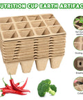 Biodegradable Seed Starter Tray Kit With 120 Cell Trays Ten Pack Seedling Pots stacked with vegetables and feature highlights