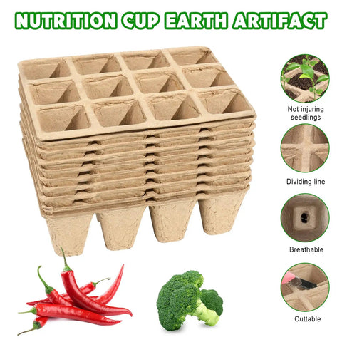 Biodegradable Seed Starter Tray Kit With 120 Cell Trays Ten Pack Seedling Pots stacked with vegetables and feature highlights