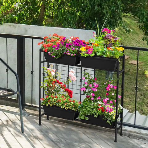 32 Inch Tall Elevated Raised Garden Bed With Trellis And Sturdy Legs For Vertical Outdoor Gardening On Patio With Flowers