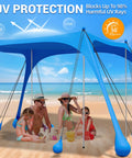 Family under Big Family Beach Tent Sun Shelter 11x10 Ft With 12 Sandbags UPF 50 Plus Shade Canopy on sandy beach, clear sky.