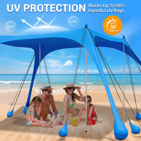 Family under Big Family Beach Tent Sun Shelter 11x10 Ft With 12 Sandbags UPF 50 Plus Shade Canopy on sandy beach, clear sky.