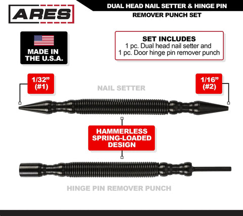 Dual Head Nail Setter And Hinge Pin Punch Set Workhorse Tool With One Thirty Second Inch And One Sixteenth Inch Heads Five And A Half Inch Length CNC Machined Anti Corrosion Black Oxide Finish Delivers Five Thousand PSI Striking Power image showing tool design and size labels
