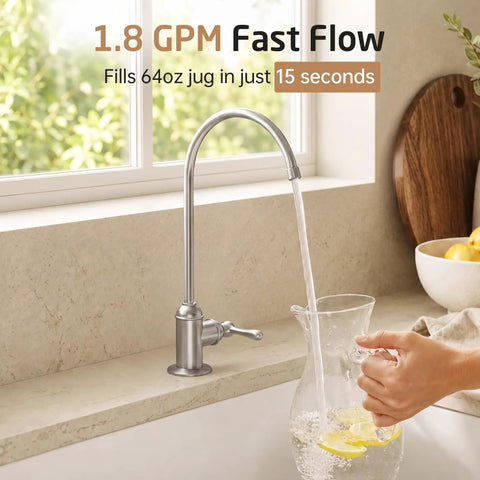 KES NSF Certified All Metal Drinking RO Water Faucet Non-Plastic Connector filling a pitcher with water in a kitchen.