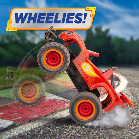 Blaze And The Monster Machines RC Monster Truck Toy For Kids doing wheelie on racetrack, high-performance off-road vehicle