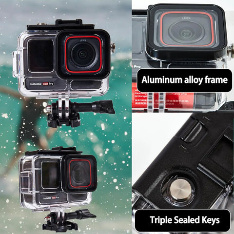 Beefed-Up Waterproof Case For Insta360 Ace Pro With 60m Depth, close-up of aluminum alloy frame and triple-sealed keys.