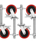 Tough As Nails 6 Inch Scaffolding Caster Wheels With Reliable Brake And Easy Adjustable Leveling Jacks 12 Inch Galvanized Screw Non Marking Rubber Tires 4 Pack seen from the front with red wheels.