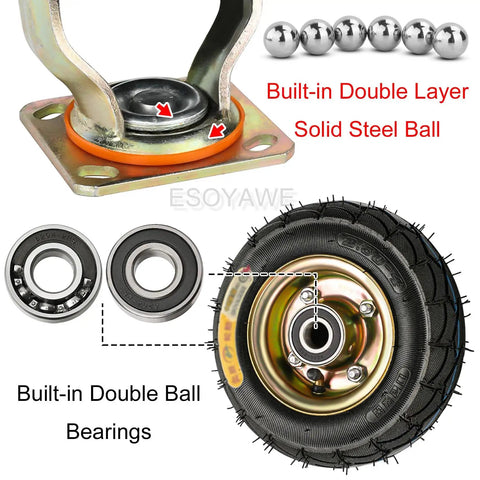 Heavy Duty Pneumatic Rubber Wheel Caster Four Pack Swivel Roller With Hand Brake Shock Absorbing Silent Roll Built Tough For Crushing Hefty Loads Floor Friendly Tire Goes Like A Dream