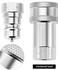 Front view of QWORK hydraulic quick-connect couplers, set of 2 in hardened steel with dust caps, 3/8 in NPT/ISO bodies