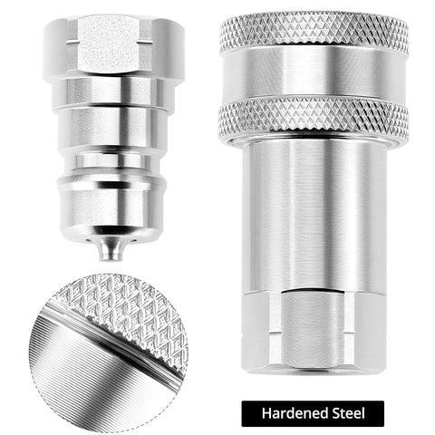 Front view of QWORK hydraulic quick-connect couplers, set of 2 in hardened steel with dust caps, 3/8 in NPT/ISO bodies