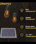 96Ft Solar String Lights Outdoor Waterproof with Shatterproof Edison Bulbs for Patio Camping Backyard, solar panel and features