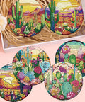 Colorful Cacti Diamond Painting Coaster Set With Holder 8 Piece DIY Art Coasters For Beginners And Grownups 4x4 Inches Sparkly Diamond Art Crafts Supplies Kit showcasing vibrant desert scene coasters with cacti and sunset.