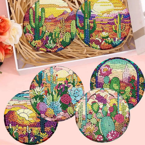 Colorful Cacti Diamond Painting Coaster Set With Holder 8 Piece DIY Art Coasters For Beginners And Grownups 4x4 Inches Sparkly Diamond Art Crafts Supplies Kit showcasing vibrant desert scene coasters with cacti and sunset.