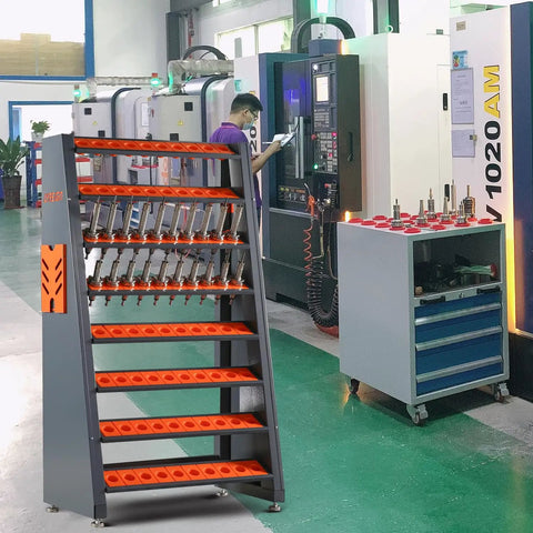 Beefy Heavy Duty Tool Holder Rack For Machining Shops And Garages With Eight Row CAT40 Organizer And Parts Box All Steel Construction For High Capacity CNC Tool Storage in shop setting.