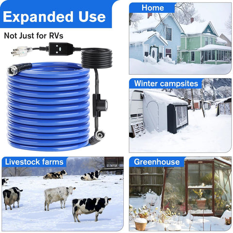 Front view of blue heated RV water hose, 100 ft long, 5/8 in diameter, with auto thermostat and leak-free fittings