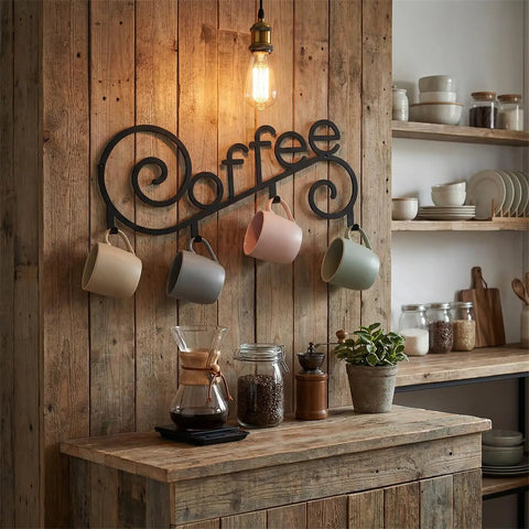 Cool Metal Wall Mounted Coffee Cup Mug Holder With Four Hooks For Kitchen Or Coffee Bar Decor, Slim 15.75 Inch