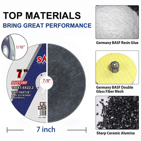 25 Pack 7 Inch Metal Cutting Discs for Grinders heavy-duty materials display with BASF resin glue, fiber mesh, and ceramic alumina