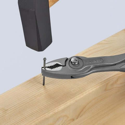 6 Inch Pliers With Front And Side Jaws For Stripped Screws And Bolts gripping a nail on wooden plank
