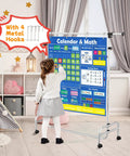 Child using Circle Time Calendar Pocket Chart For Classroom With Weather Seasons Emotions And Math Activities For Hands On Learning Center Includes Addition Subtraction Manipulatives For Preschool And Homeschool, featuring metal hooks.