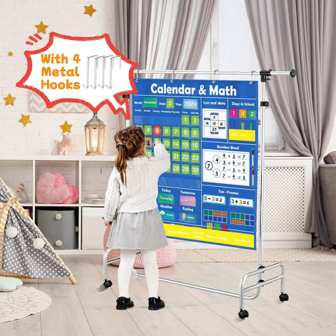 Child using Circle Time Calendar Pocket Chart For Classroom With Weather Seasons Emotions And Math Activities For Hands On Learning Center Includes Addition Subtraction Manipulatives For Preschool And Homeschool, featuring metal hooks.