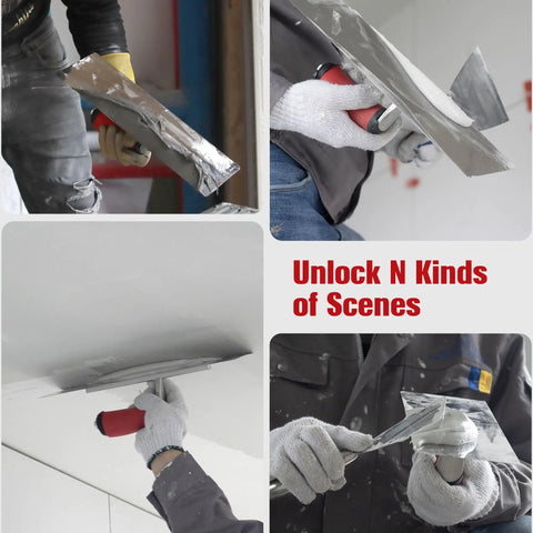 Pro Grade Drywall Finish Trowel With Stainless Steel Blade and Ergonomic Grip in use for smooth edging on drywall.