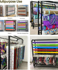 Heavy Duty Rolling Fabric Roll Storage Rack With Adjustable Steel Crossbars Commercial Textile Dispenser For Wallpaper Leather Film Smooth Glide Wheels Made Hella Tough For Daily Grind holding various colorful fabrics and rolls.