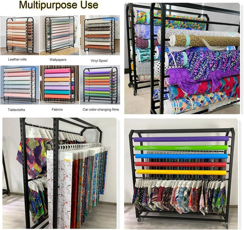 Heavy Duty Rolling Fabric Roll Storage Rack With Adjustable Steel Crossbars Commercial Textile Dispenser For Wallpaper Leather Film Smooth Glide Wheels Made Hella Tough For Daily Grind holding various colorful fabrics and rolls.