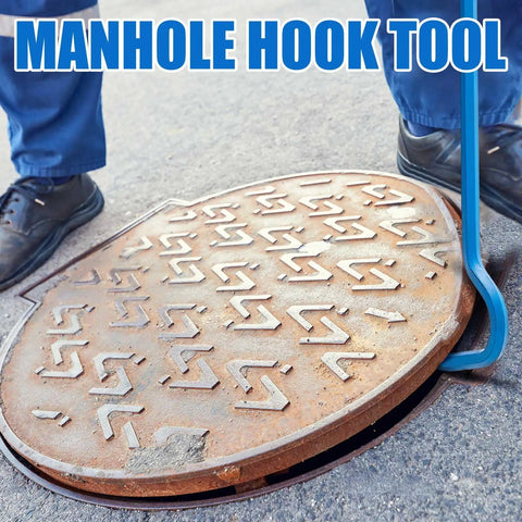 Two Pack Heavy Duty Manhole Cover Hook And Septic Tank Lid Puller 42 Inch Tough As Nails Hex Steel Utility Lifter removing a manhole cover.