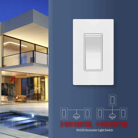 Four Way Decorator Paddle Rocker Light Switch With Clamp Down Wiring Copper Terminals Grounding Screw Residential Grade 15A 120V And 277V UL Listed White Shallow Body Design For Easy Install Fits Standard Junction Boxes Break Off Plaster Ears, wall-mounted view next to modern house.