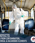 Person wearing Disposable Hazmat Suit 10 Pack With Hood Heavy Duty Breathable Coverall Painter Suit Medium Size cleaning bus aisle