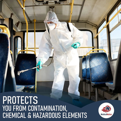 Person in Disposable Hazmat Suit 25 Pack With Hood Heavy Duty Breathable PPE Coverall Painter Suit 2X Large cleaning bus interior