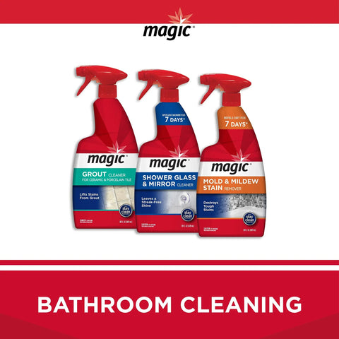 Three Magic cleaning products for grout, shower glass, and mold removal with red sprayers on a red and white background labeled 'Bathroom Cleaning'.